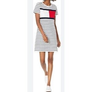Tommy Hilfiger Pull Over Cotton Striped Logo T Shirt Knit Dress Size Large